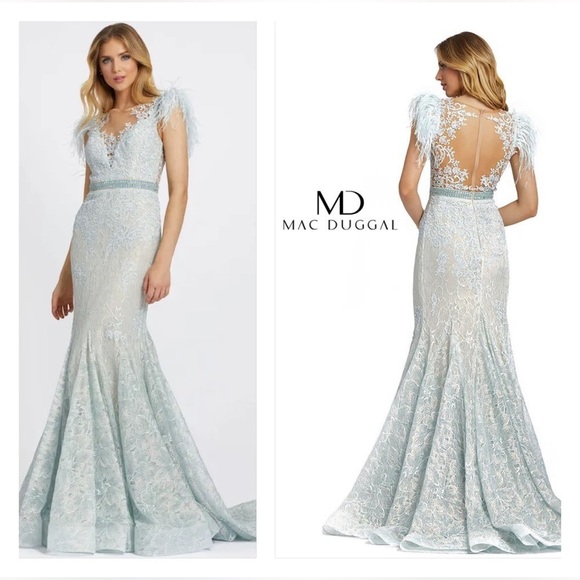 Mac Duggal 79230 NWT Embellished Feather Cap Sleeve Illusion Neck Trumpet Gown